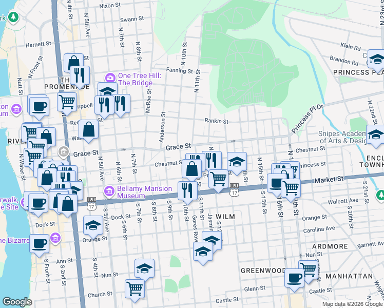 map of restaurants, bars, coffee shops, grocery stores, and more near 1103 Chestnut Street in Wilmington