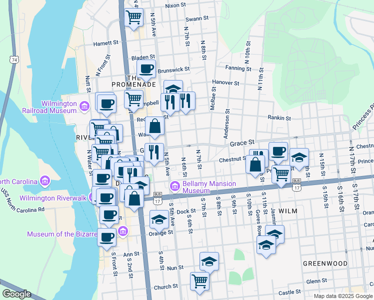 map of restaurants, bars, coffee shops, grocery stores, and more near 215 North 7th Street in Wilmington