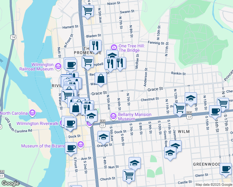 map of restaurants, bars, coffee shops, grocery stores, and more near 518 Grace Street in Wilmington