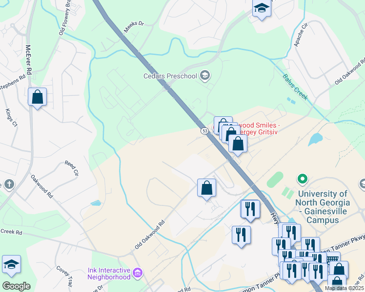 map of restaurants, bars, coffee shops, grocery stores, and more near 4051 Mundy Mill Road in Oakwood