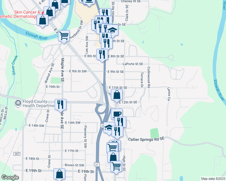 map of restaurants, bars, coffee shops, grocery stores, and more near 25 Eastwood Lane Southeast in Rome