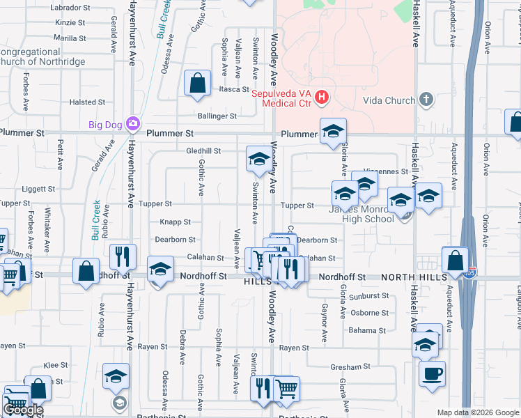 map of restaurants, bars, coffee shops, grocery stores, and more near 9256 Swinton Avenue in Los Angeles