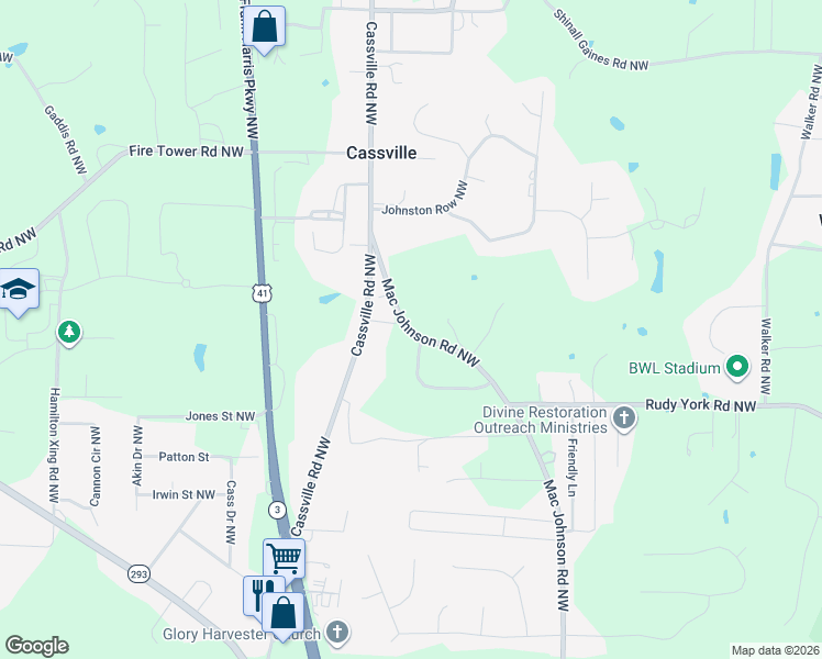 map of restaurants, bars, coffee shops, grocery stores, and more near 408 Mac Johnson Road Northwest in Cartersville