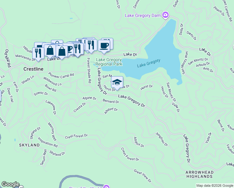 map of restaurants, bars, coffee shops, grocery stores, and more near 24250 Lake Gregory Drive in Crestline