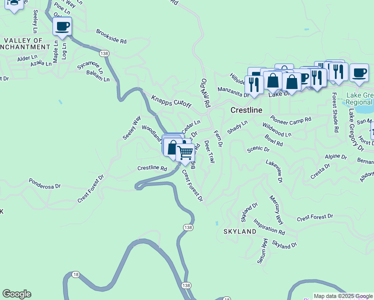 map of restaurants, bars, coffee shops, grocery stores, and more near 23497 Lake Drive in Crestline