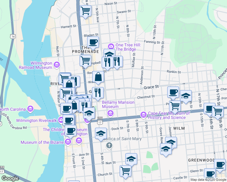 map of restaurants, bars, coffee shops, grocery stores, and more near 518 Grace Street in Wilmington