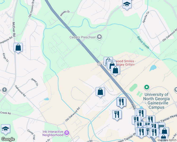 map of restaurants, bars, coffee shops, grocery stores, and more near 4051 Mundy Mill Road in Oakwood