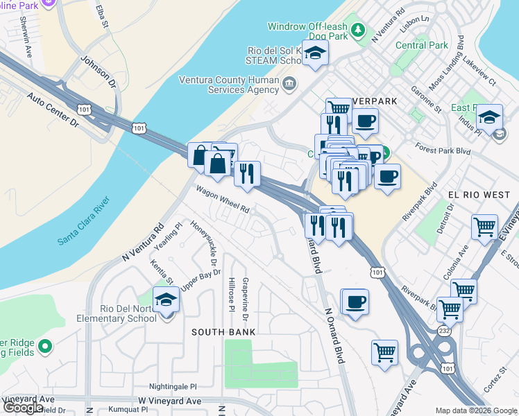 map of restaurants, bars, coffee shops, grocery stores, and more near 2870 Wagon Wheel Road in Oxnard