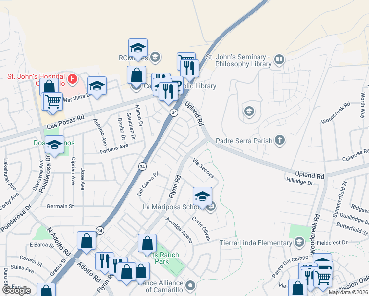 map of restaurants, bars, coffee shops, grocery stores, and more near 2024 Via Arandana in Camarillo