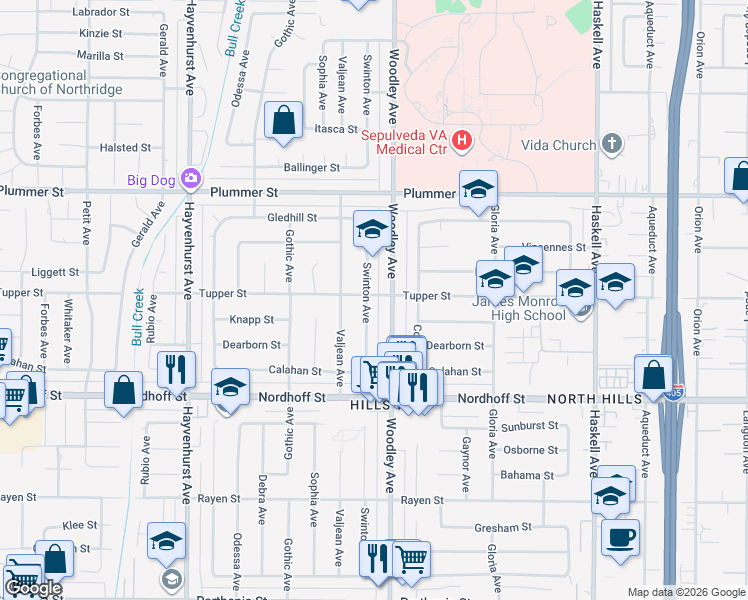 map of restaurants, bars, coffee shops, grocery stores, and more near 9256 Swinton Avenue in Los Angeles