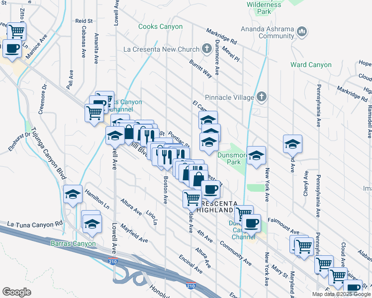 map of restaurants, bars, coffee shops, grocery stores, and more near 3702 Pontiac Street in Glendale