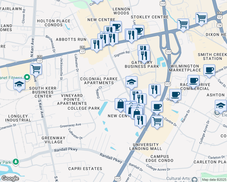 map of restaurants, bars, coffee shops, grocery stores, and more near 208 Dapple Court in Wilmington