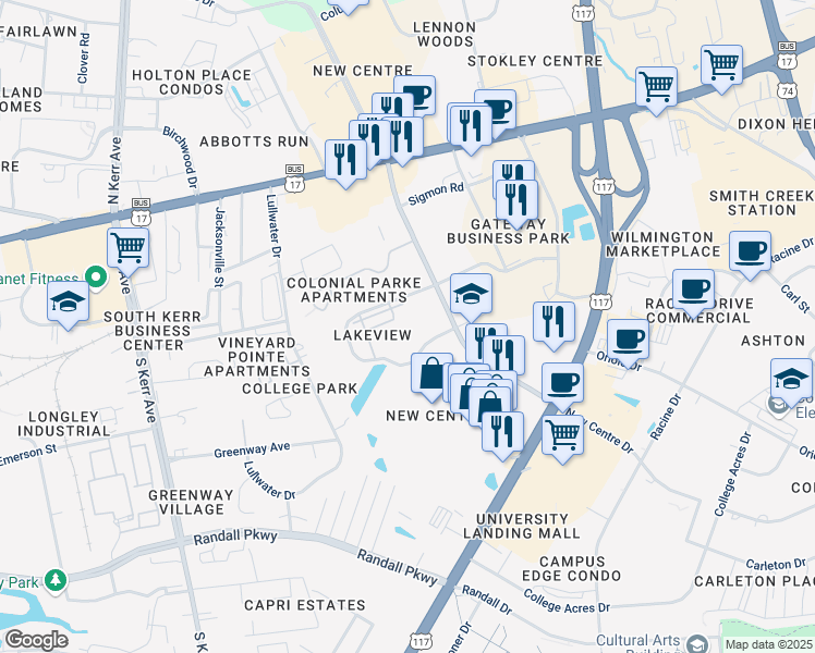 map of restaurants, bars, coffee shops, grocery stores, and more near 206 Dapple Court in Wilmington