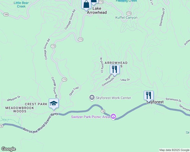 map of restaurants, bars, coffee shops, grocery stores, and more near West Victoria Court in Lake Arrowhead