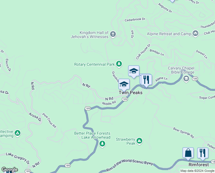 map of restaurants, bars, coffee shops, grocery stores, and more near 25837 Sunset Loop in Twin Peaks