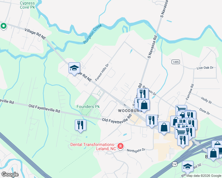 map of restaurants, bars, coffee shops, grocery stores, and more near 480 Village Road Northeast in Leland