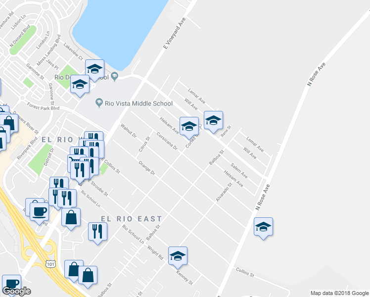 map of restaurants, bars, coffee shops, grocery stores, and more near 3242 Cortez Street in Oxnard