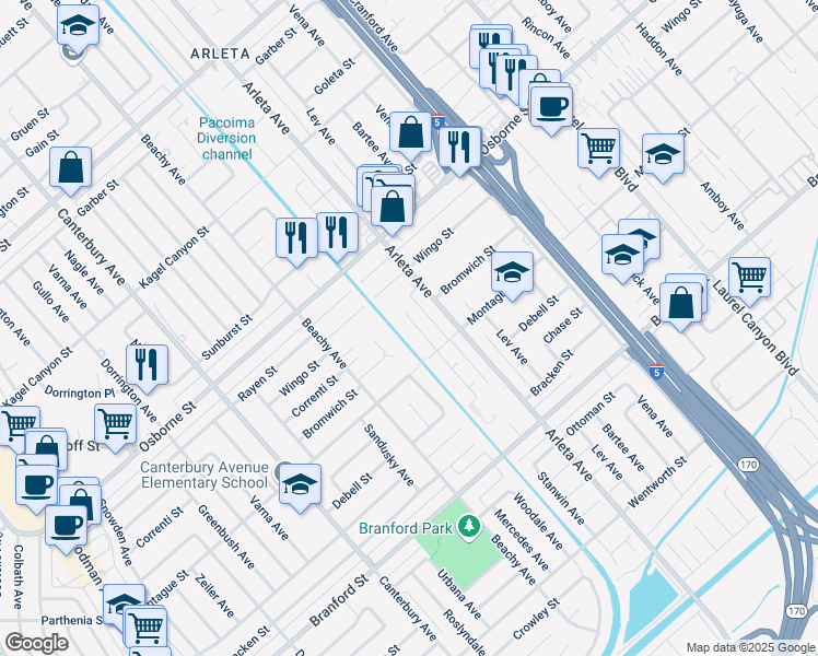 map of restaurants, bars, coffee shops, grocery stores, and more near 9339 Stanwin Avenue in Los Angeles