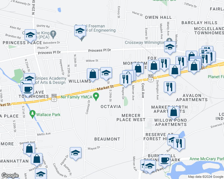 map of restaurants, bars, coffee shops, grocery stores, and more near 2908 Market Street in Wilmington