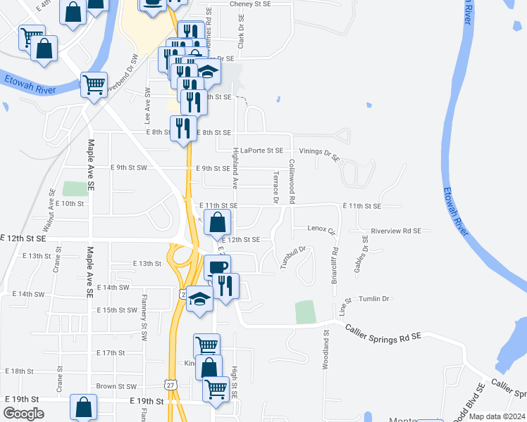 map of restaurants, bars, coffee shops, grocery stores, and more near 314 East 11th Street Southeast in Rome