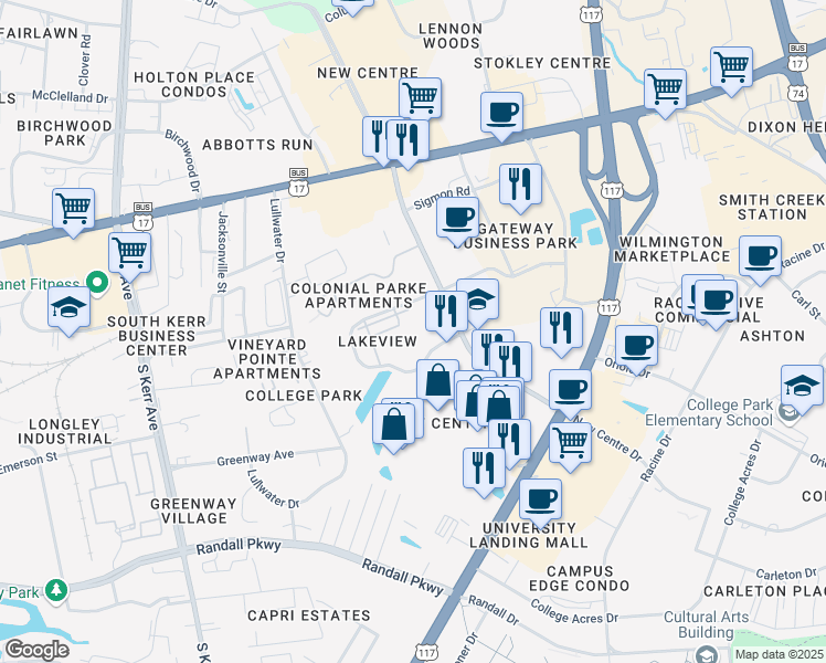 map of restaurants, bars, coffee shops, grocery stores, and more near 206 Dapple Court in Wilmington