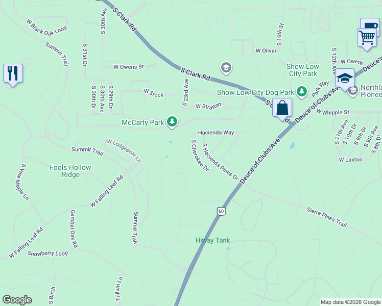 map of restaurants, bars, coffee shops, grocery stores, and more near 2301 West Zuni Court in Show Low