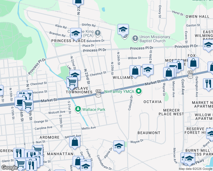 map of restaurants, bars, coffee shops, grocery stores, and more near 14 Kenwood Avenue in Wilmington