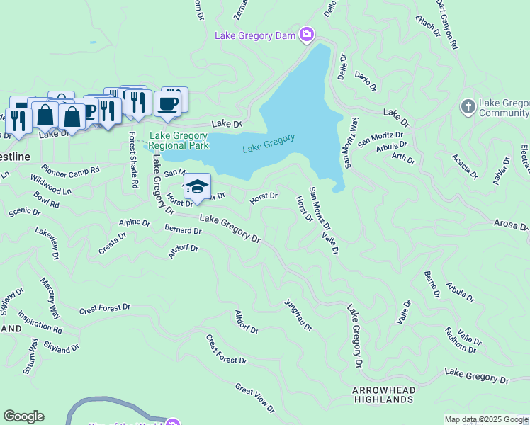 map of restaurants, bars, coffee shops, grocery stores, and more near 747 Bergschrund Drive in Crestline