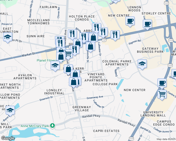 map of restaurants, bars, coffee shops, grocery stores, and more near 120 Jacksonville Street in Wilmington