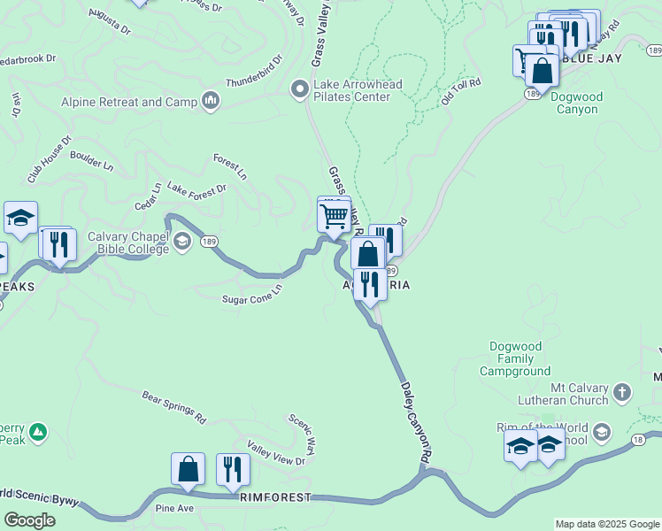 map of restaurants, bars, coffee shops, grocery stores, and more near 769 Sierra Vista Drive in Twin Peaks