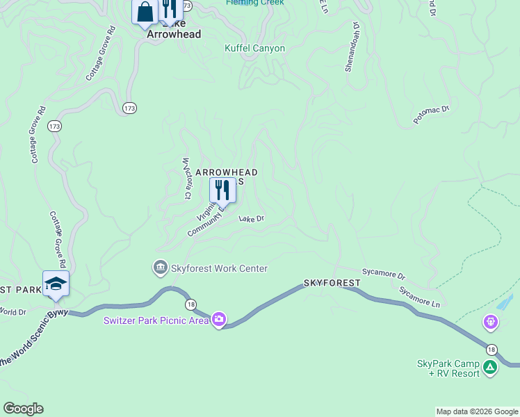 map of restaurants, bars, coffee shops, grocery stores, and more near 782 Lake Drive in Lake Arrowhead