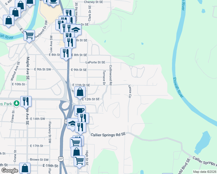 map of restaurants, bars, coffee shops, grocery stores, and more near 1101 Collinwood Road in Rome