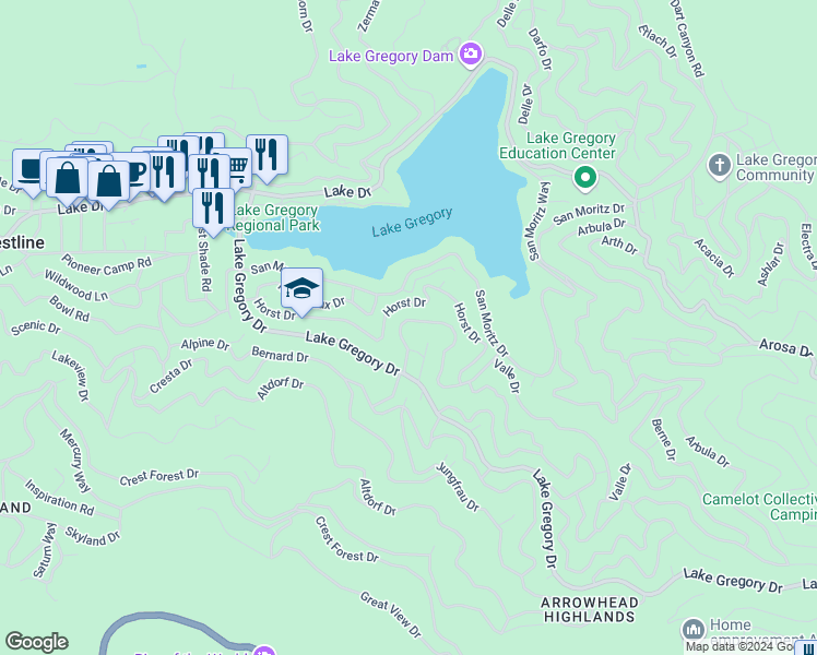 map of restaurants, bars, coffee shops, grocery stores, and more near 747 Bergschrund Drive in Crestline