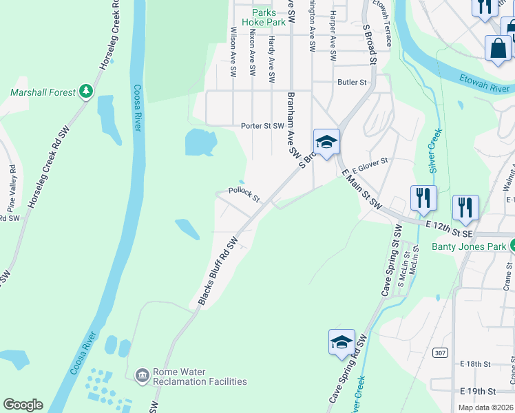 map of restaurants, bars, coffee shops, grocery stores, and more near 902 South Broad Street in Rome