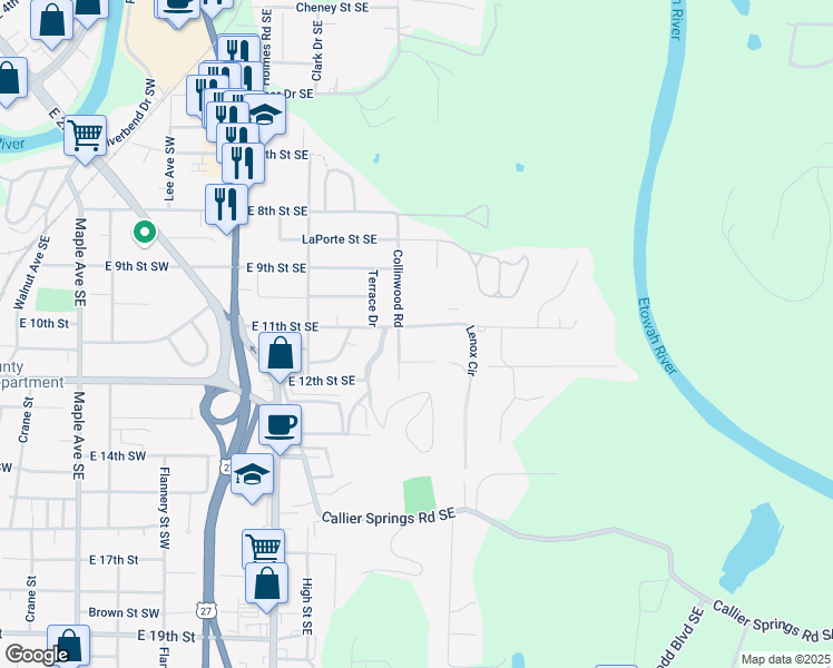 map of restaurants, bars, coffee shops, grocery stores, and more near 404 East 11th Street Southeast in Rome