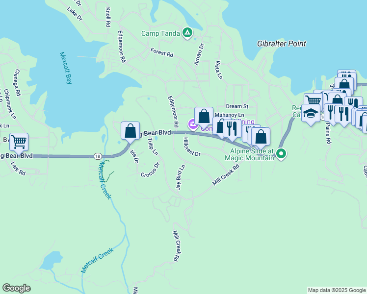 map of restaurants, bars, coffee shops, grocery stores, and more near 39977 Hillcrest Drive in Big Bear Lake