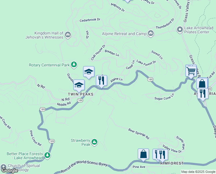 map of restaurants, bars, coffee shops, grocery stores, and more near 26166 California 189 in Twin Peaks