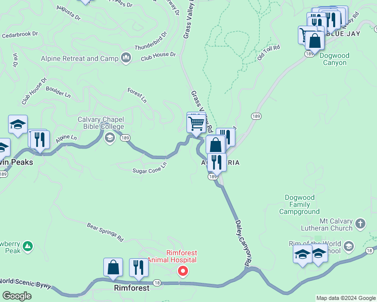 map of restaurants, bars, coffee shops, grocery stores, and more near 779 Sierra Vista Drive in Twin Peaks