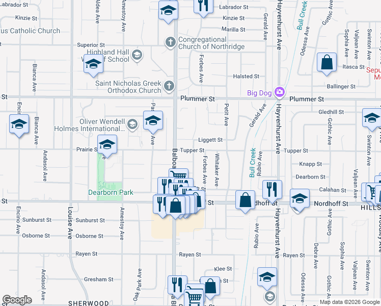 map of restaurants, bars, coffee shops, grocery stores, and more near 16944 Tupper Street in Los Angeles