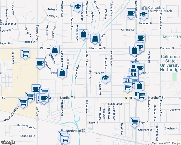 map of restaurants, bars, coffee shops, grocery stores, and more near 9264 Crebs Avenue in Los Angeles