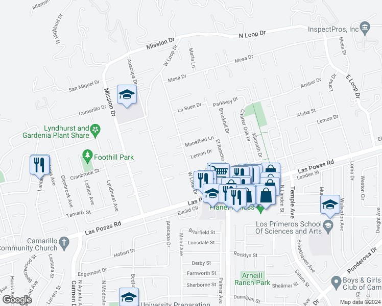 map of restaurants, bars, coffee shops, grocery stores, and more near 31 Lemon Drive in Camarillo