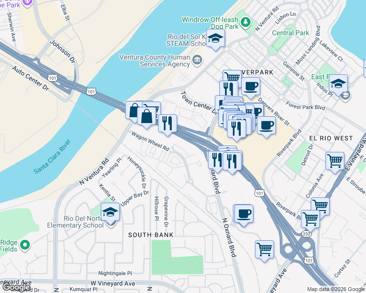 map of restaurants, bars, coffee shops, grocery stores, and more near 545 Winchester Drive in Oxnard