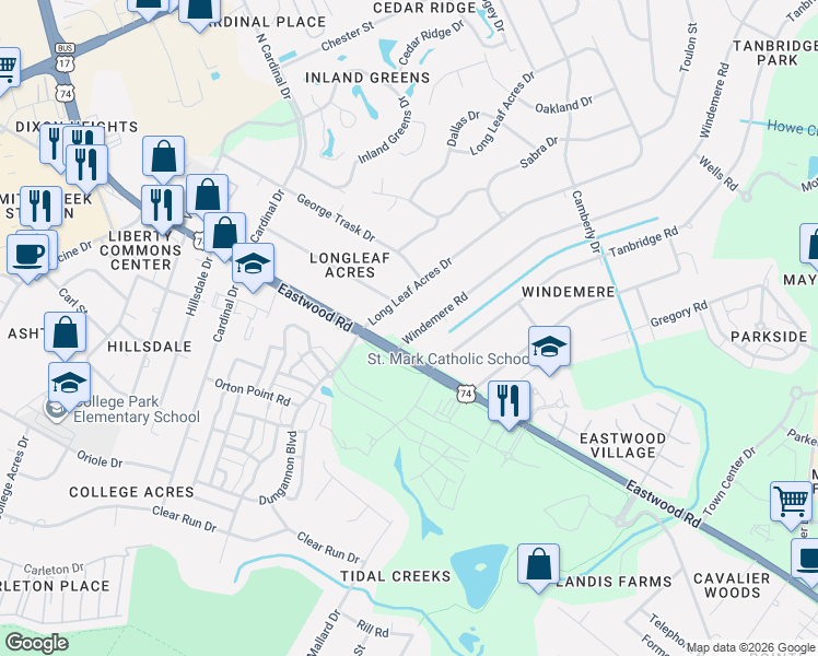 map of restaurants, bars, coffee shops, grocery stores, and more near 104 Windemere Road in Wilmington