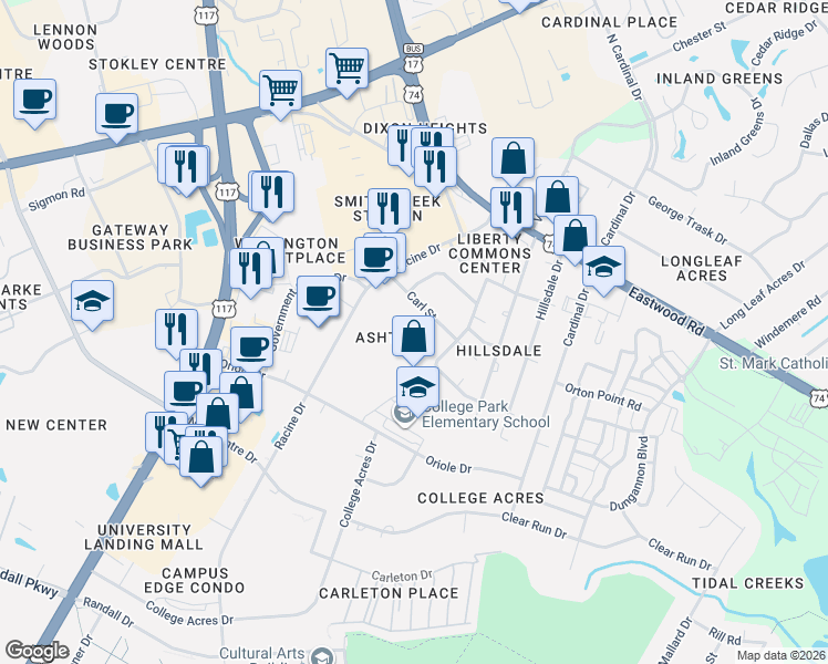 map of restaurants, bars, coffee shops, grocery stores, and more near 233 Racine Drive in Wilmington