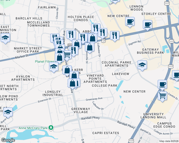 map of restaurants, bars, coffee shops, grocery stores, and more near 4711 Franklin Avenue in Wilmington