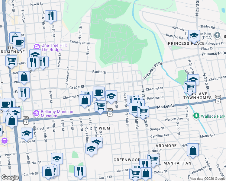 map of restaurants, bars, coffee shops, grocery stores, and more near 1347-1399 Chestnut Street in Wilmington