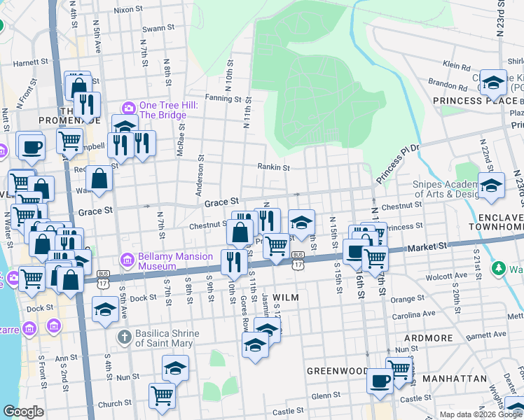 map of restaurants, bars, coffee shops, grocery stores, and more near 1103 Chestnut Street in Wilmington
