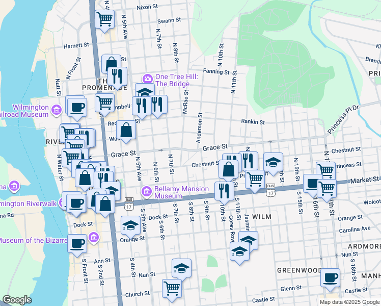 map of restaurants, bars, coffee shops, grocery stores, and more near 814 Grace Street in Wilmington