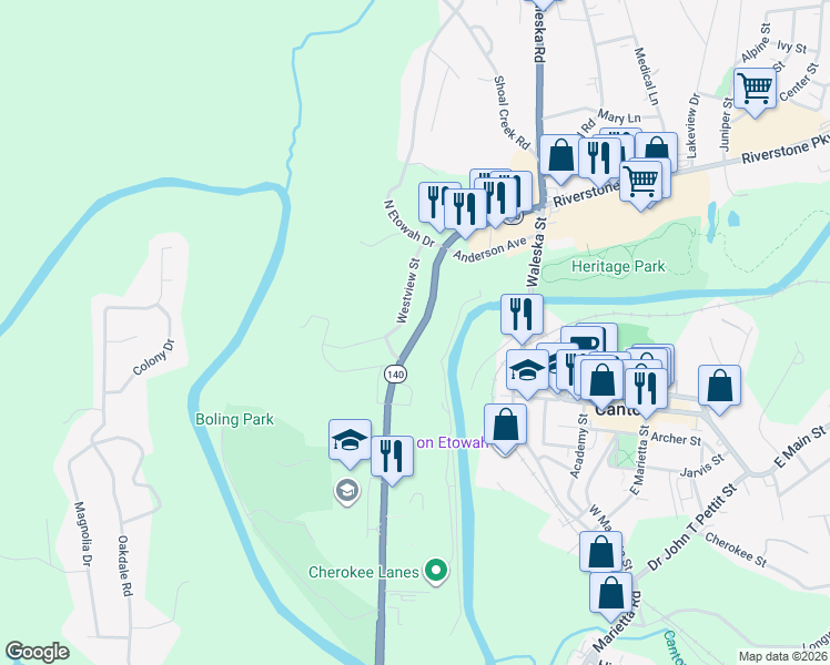 map of restaurants, bars, coffee shops, grocery stores, and more near 630 Marietta Highway in Canton