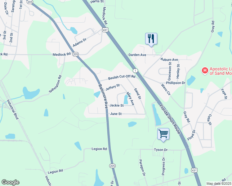 map of restaurants, bars, coffee shops, grocery stores, and more near 108 Danny Street in Albertville